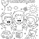 Baixe grátis lindos desenhos do Dia das Crianças para colorir e imprimir! Crianças felizes, brinquedos e diversão em imagens prontas para pintar.
