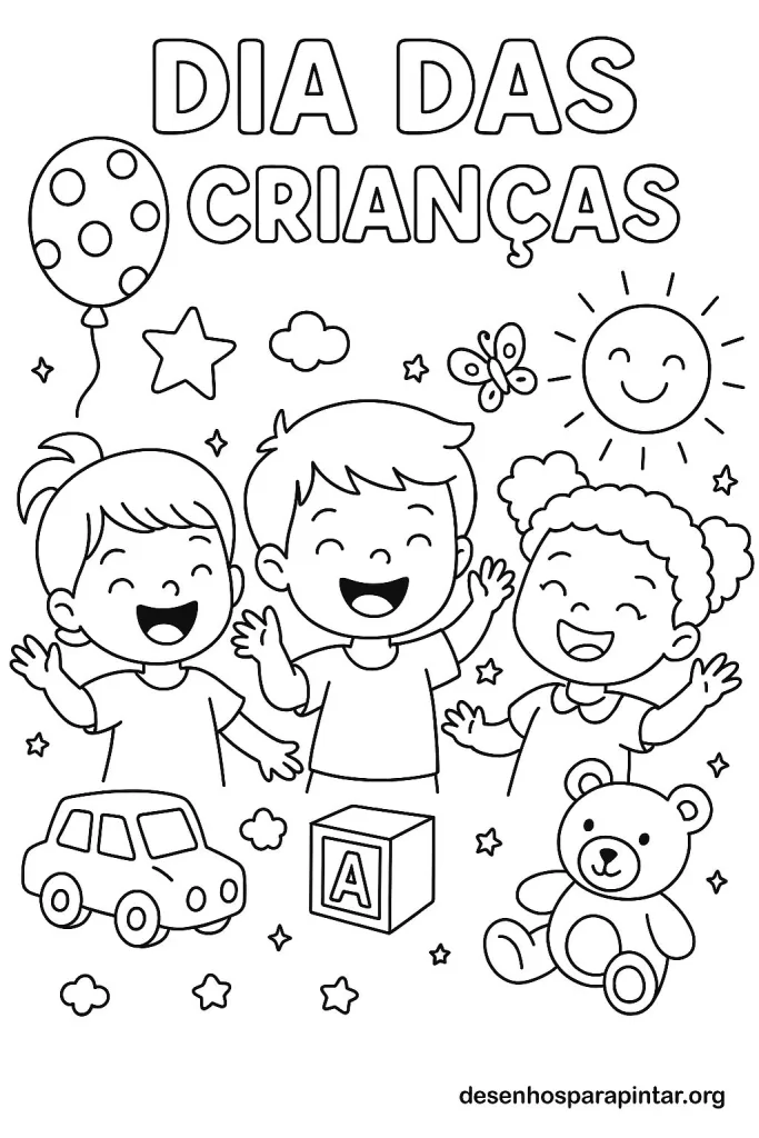 Baixe grátis lindos desenhos do Dia das Crianças para colorir e imprimir! Crianças felizes, brinquedos e diversão em imagens prontas para pintar.