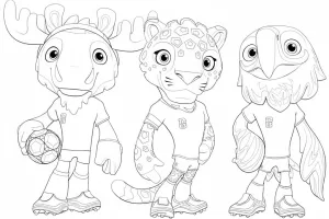 Desenho dos mascotes da Copa de 2026 para colorir com Maple, Zayu e Clutch em estilo infantil