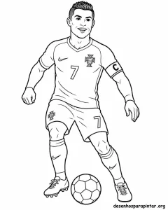 Desenhos para colorir do CR7 Cristiano Ronaldo com uniforme da seleção portuguesa, brasão e bandeira de Portugal