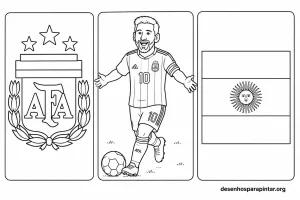 Desenhos para colorir do Messi com uniforme da seleção argentina, brasão e bandeira da Argentina