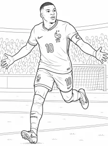 Desenhos para colorir do Kylian Mbappé com uniforme, brasão e bandeira da seleção francesa