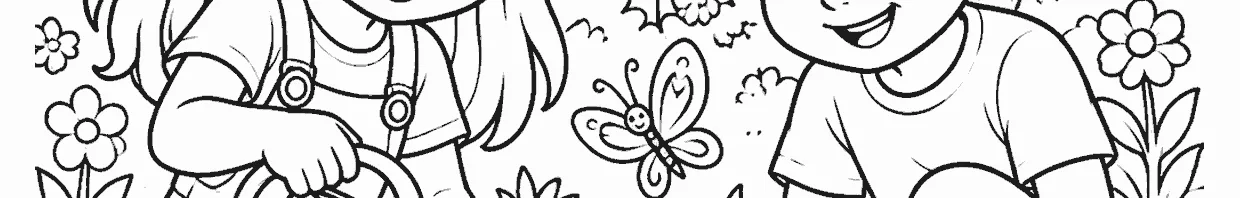 Desenho de crianças plantando e regando flores na primavera para colorir