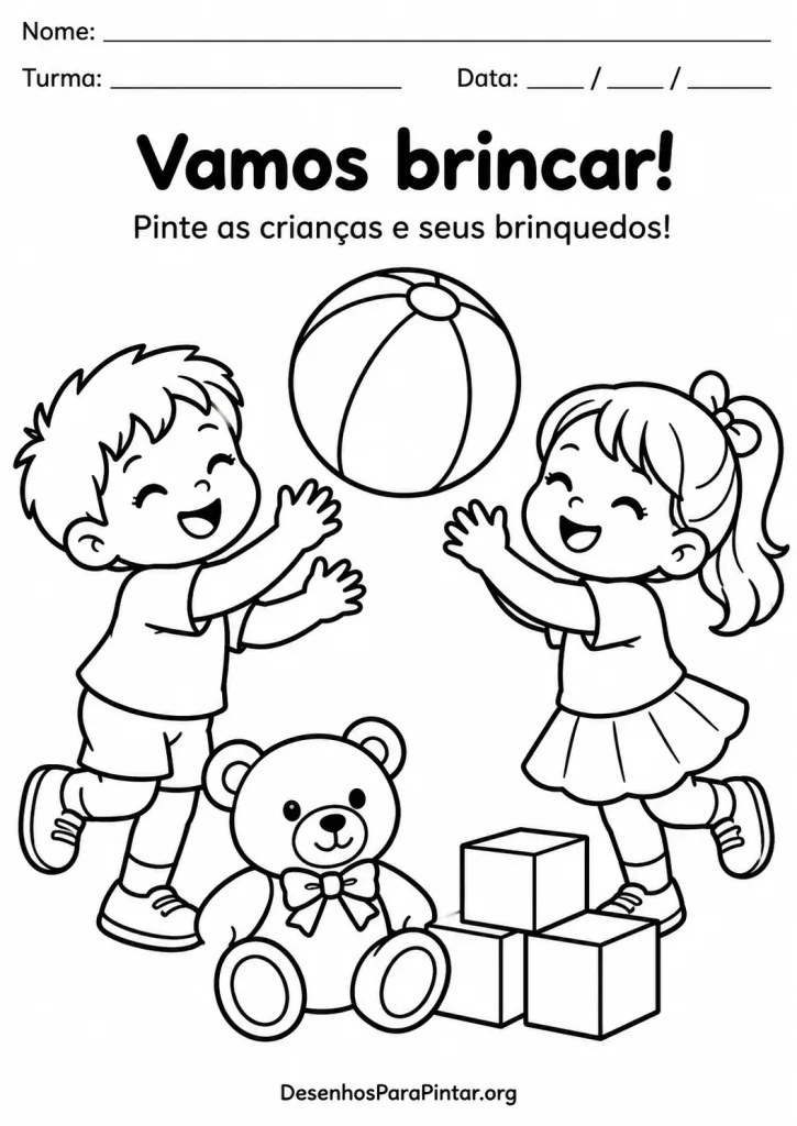 Atividade de Dia das Crianças com duas crianças, bola, ursinho e blocos para colorir.