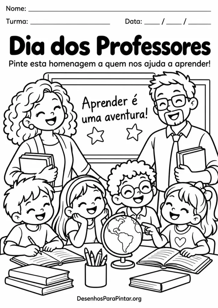 Professora e professor com quatro alunos, livros e globo em uma sala de aula para colorir.