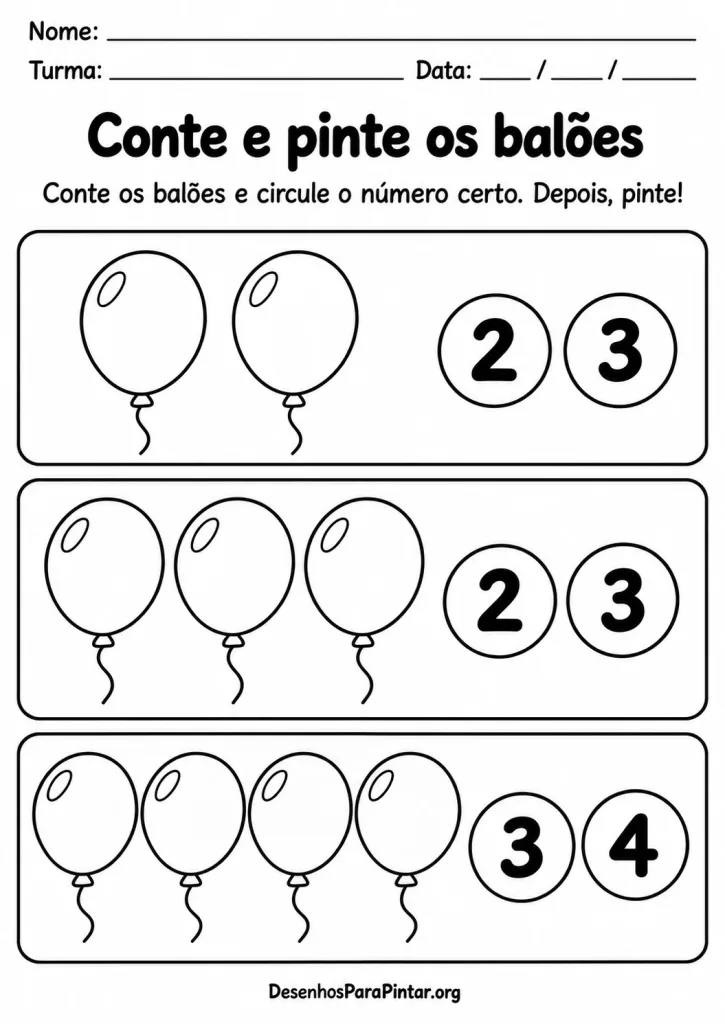 Atividade de contar grupos de dois, três e quatro balões e circular o número correto.