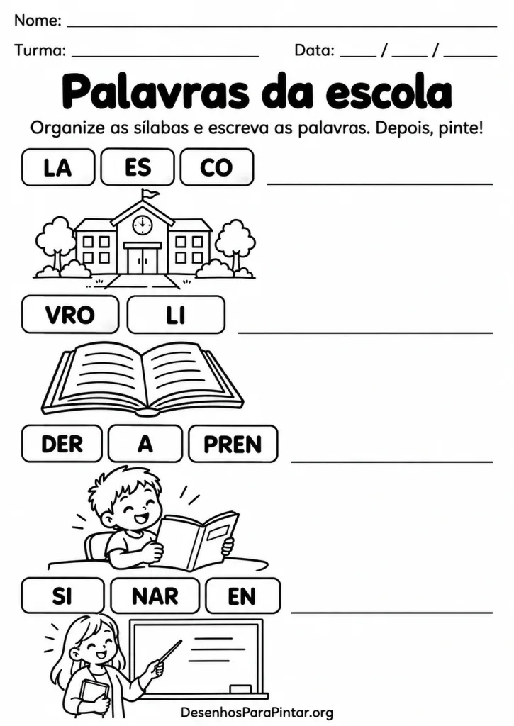 sílabas embaralhadas | Atividade com sílabas embaralhadas para formar escola, livro, aprender e ensinar, com desenhos para pintar.