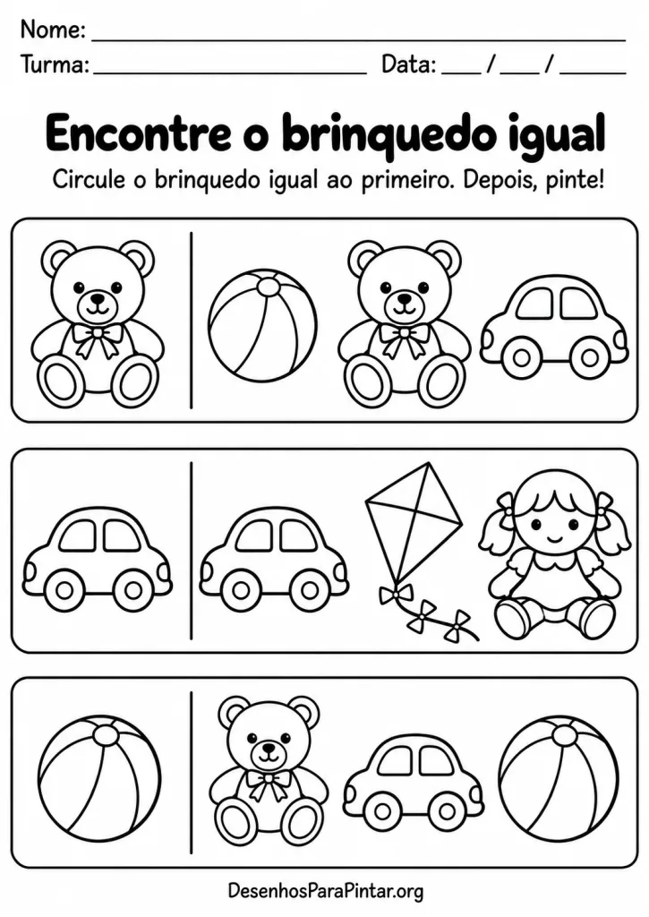 Atividade infantil de encontrar o brinquedo igual e colorir ursinhos, bolas e outros brinquedos.