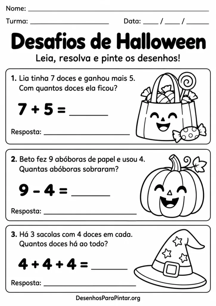 Três problemas de Halloween com adição, subtração e adição de parcelas iguais, ilustrados para colorir.