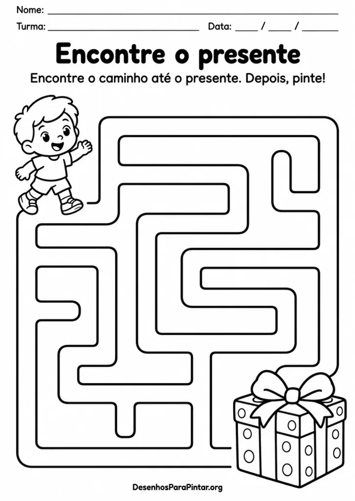 Labirinto infantil para encontrar o caminho da criança até o presente e colorir.