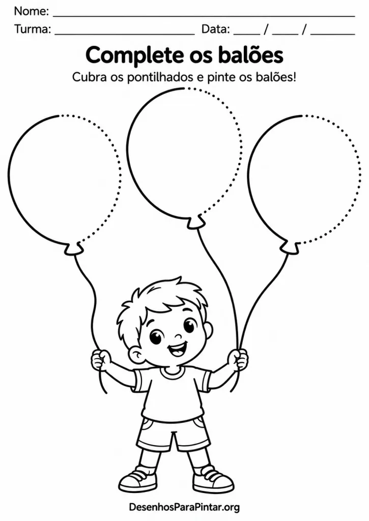 Atividade de completar o contorno pontilhado de três balões e colorir.